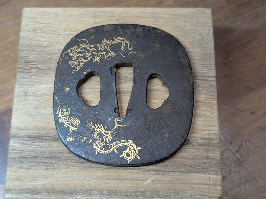 Antique Japanese  1800s Dragon Tsuba  Samurai Sword Guard Gold Inlay