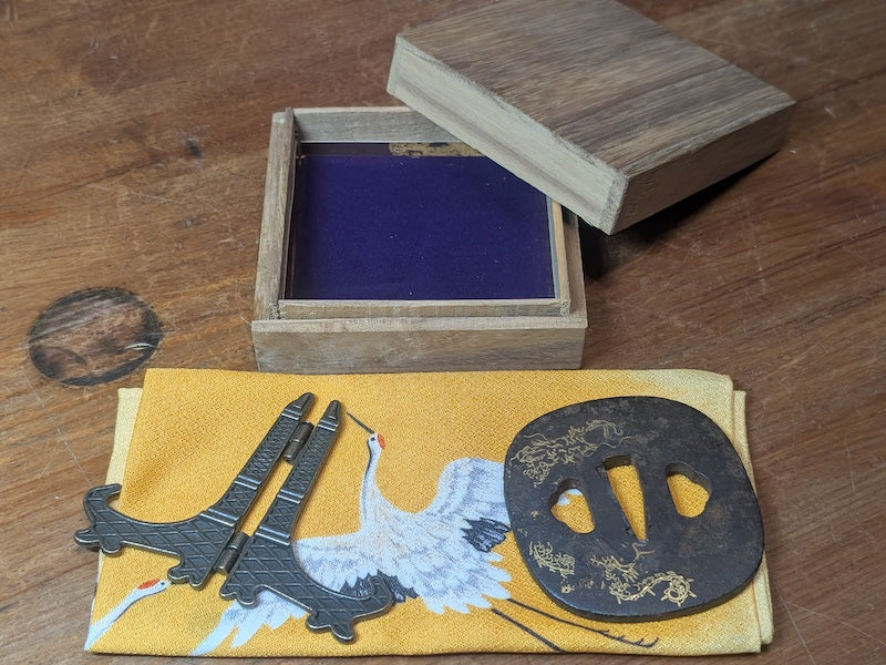 Antique Japanese  1800s Dragon Tsuba  Samurai Sword Guard Gold Inlay