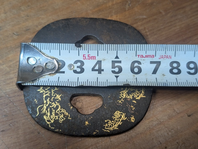 Antique Japanese  1800s Dragon Tsuba  Samurai Sword Guard Gold Inlay