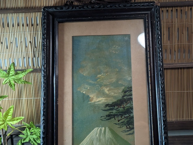 Rare 1800s Japanese Oil Painting Fuji Mountain Kakejiku Scroll Signed Antique