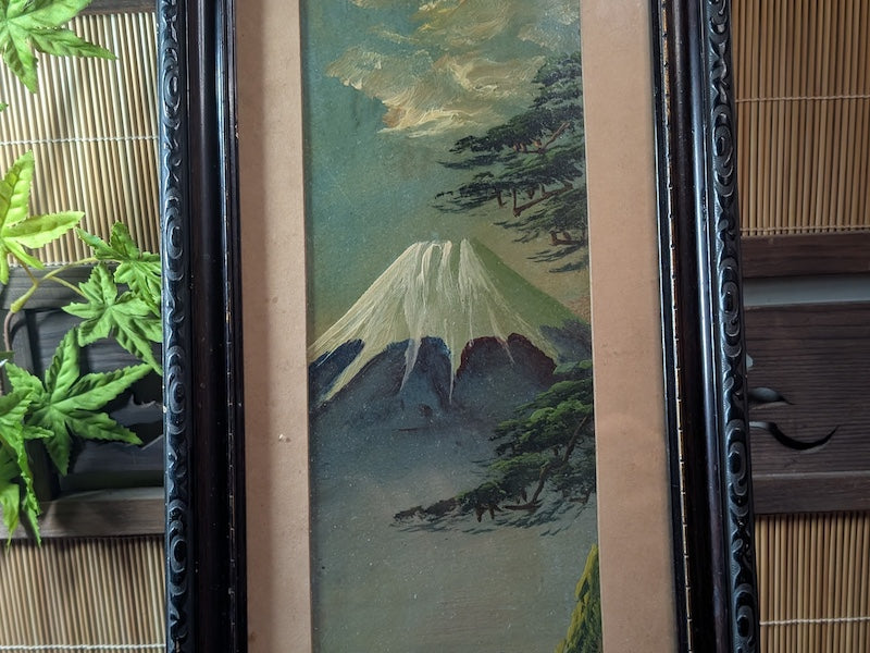 Rare 1800s Japanese Oil Painting Fuji Mountain Kakejiku Scroll Signed Antique