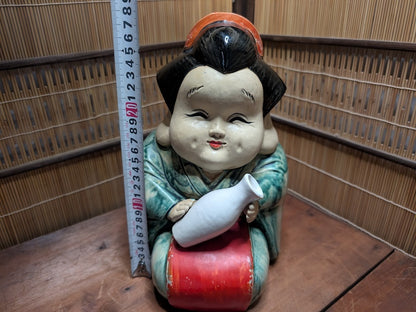 1940s Japanese Otafuku Ceramic Statue Lucky Folk Art Antique Figurine