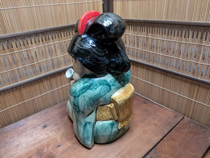 1940s Japanese Otafuku Ceramic Statue Lucky Folk Art Antique Figurine