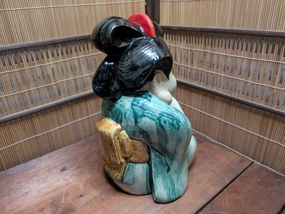 1940s Japanese Otafuku Ceramic Statue Lucky Folk Art Antique Figurine