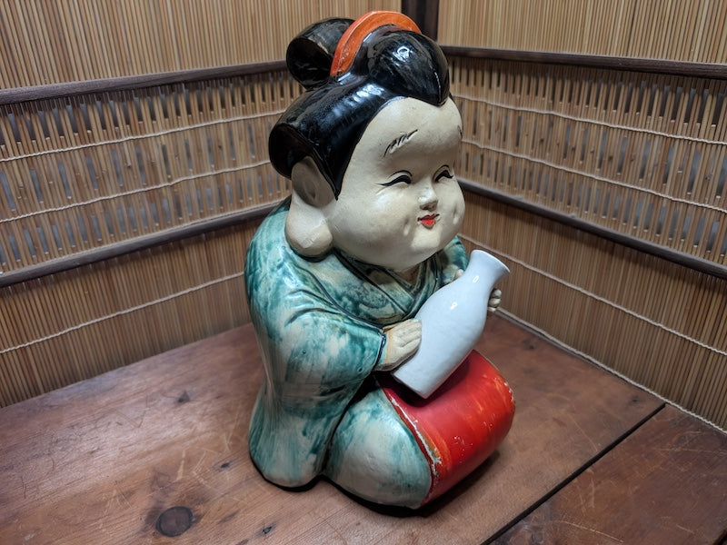 1940s Japanese Otafuku Ceramic Statue Lucky Folk Art Antique Figurine