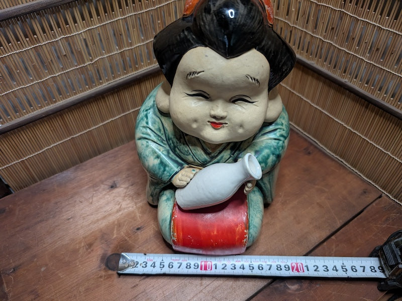 1940s Japanese Otafuku Ceramic Statue Lucky Folk Art Antique Figurine