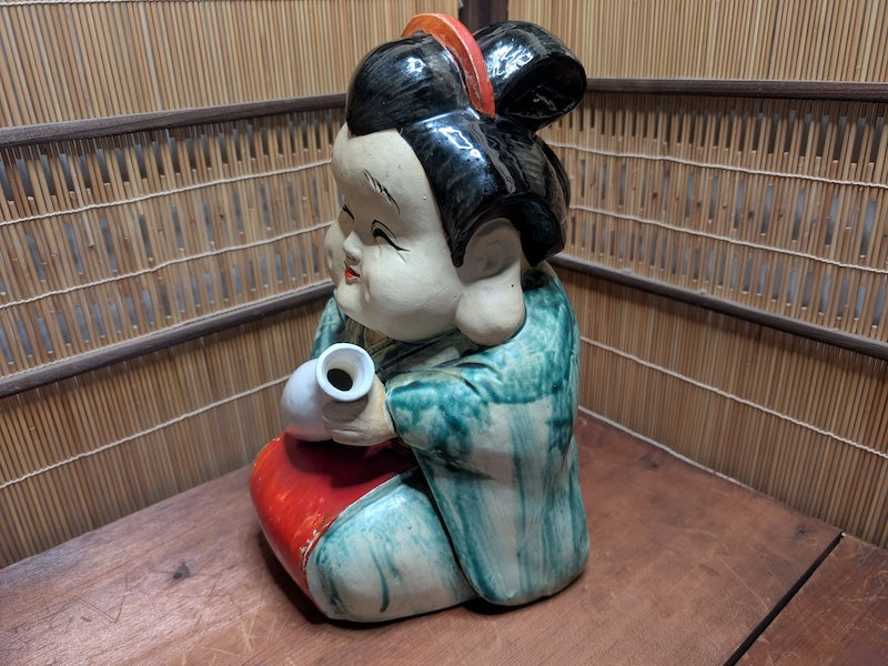 1940s Japanese Otafuku Ceramic Statue Lucky Folk Art Antique Figurine