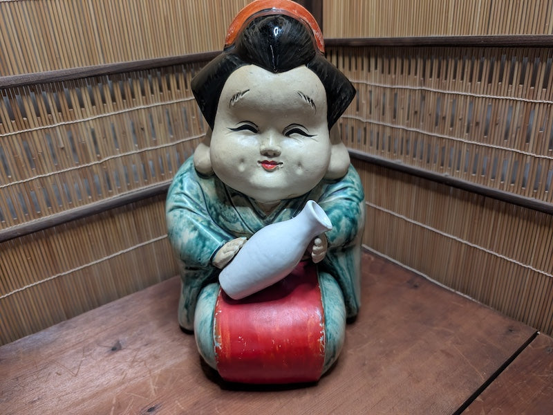 1940s Japanese Otafuku Ceramic Statue Lucky Folk Art Antique Figurine