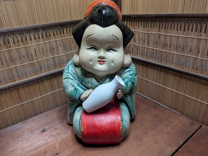 1940s Japanese Otafuku Ceramic Statue Lucky Folk Art Antique Figurine