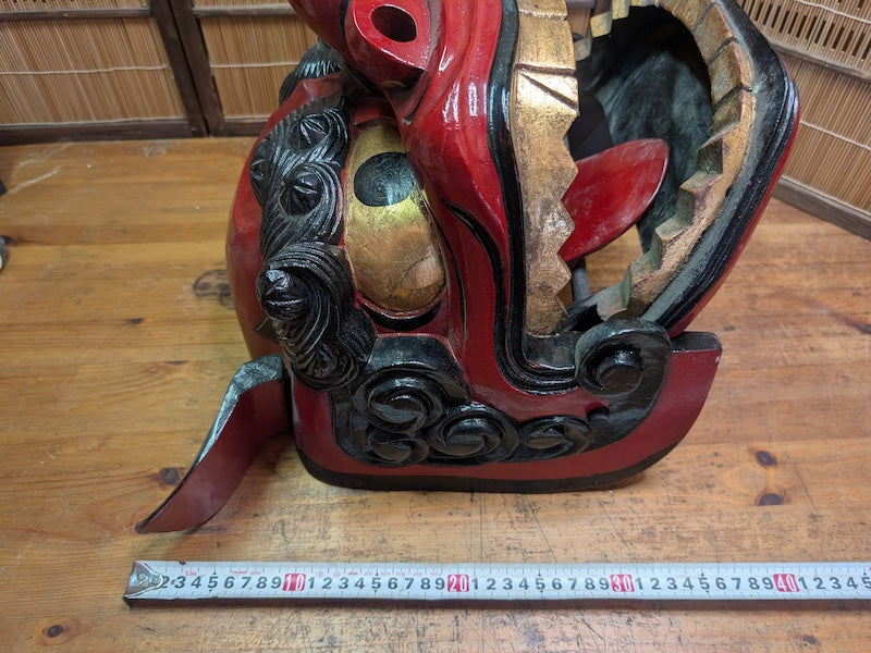 Vintage Japanese Shishi Mai Lion Mask Giant Wooden Festival Mask