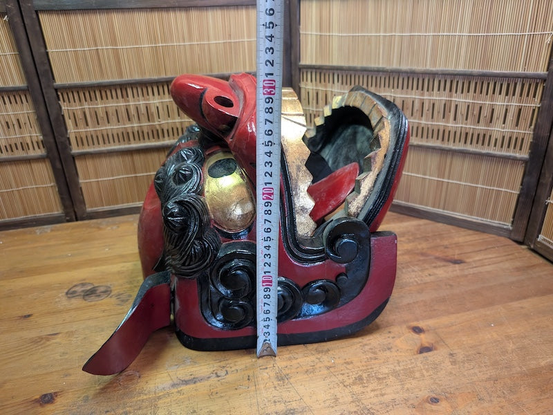 Vintage Japanese Shishi Mai Lion Mask Giant Wooden Festival Mask
