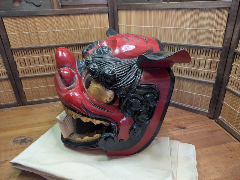 Vintage Japanese Shishi Mai Lion Mask Giant Wooden Festival Mask