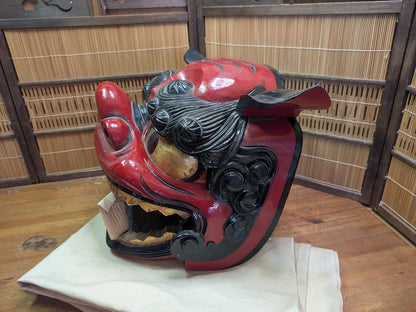 Vintage Japanese Shishi Mai Lion Mask Giant Wooden Festival Mask