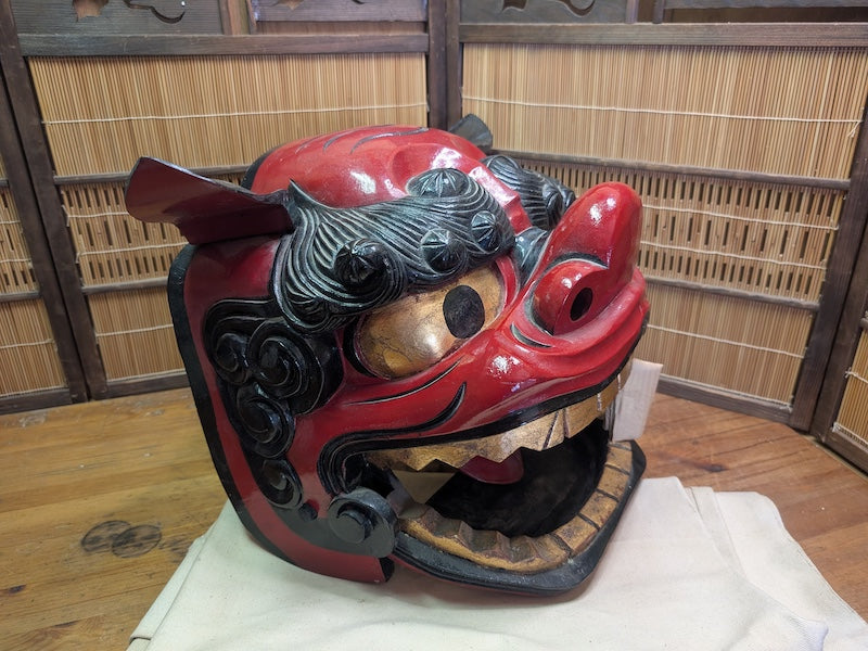 Vintage Japanese Shishi Mai Lion Mask Giant Wooden Festival Mask