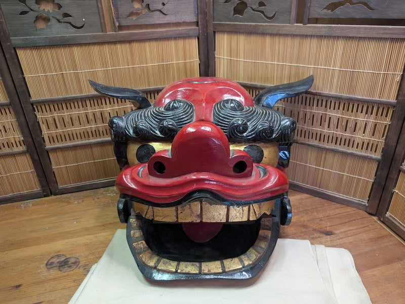 Vintage Japanese Shishi Mai Lion Mask Giant Wooden Festival Mask