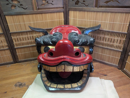 Vintage Japanese Shishi Mai Lion Mask Giant Wooden Festival Mask