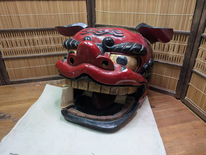Japanese Shishi Mai Lion Mask Giant Wood Festival Head Authentic Decor
