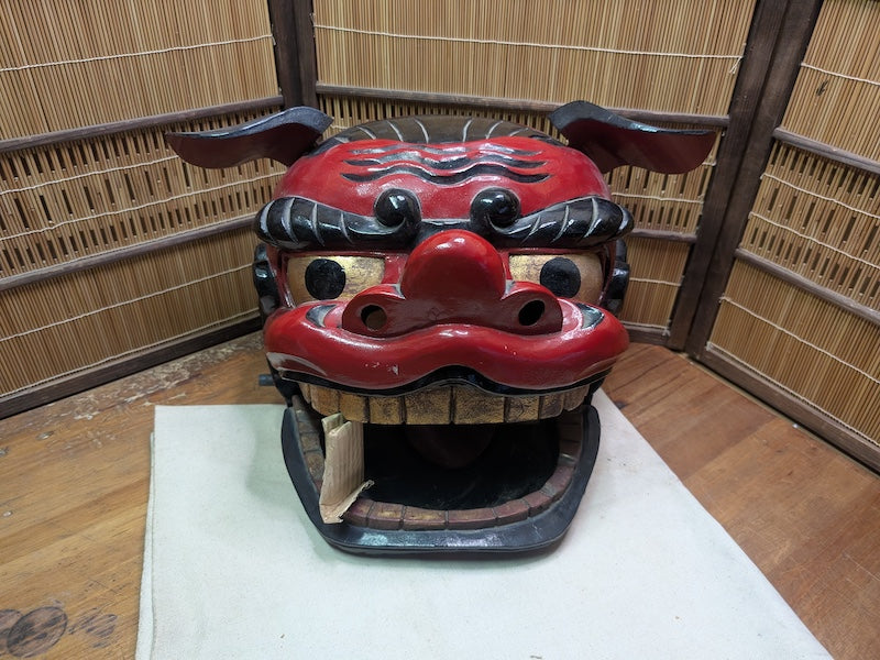 Japanese Shishi Mai Lion Mask Giant Wood Festival Head Authentic Decor