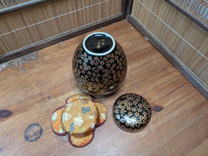 Extremely Rare Kutani Matcha Jar Gold Silk Kimono Motif Japan Auction