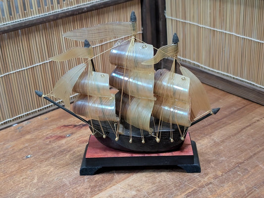 Rare 1970s Japanese Tortoiseshell Ship Model Small Handmade Maritime Art