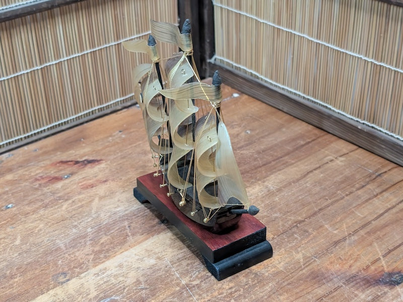 Rare 1970s Japanese Tortoiseshell Ship Model Small Handmade Maritime Art