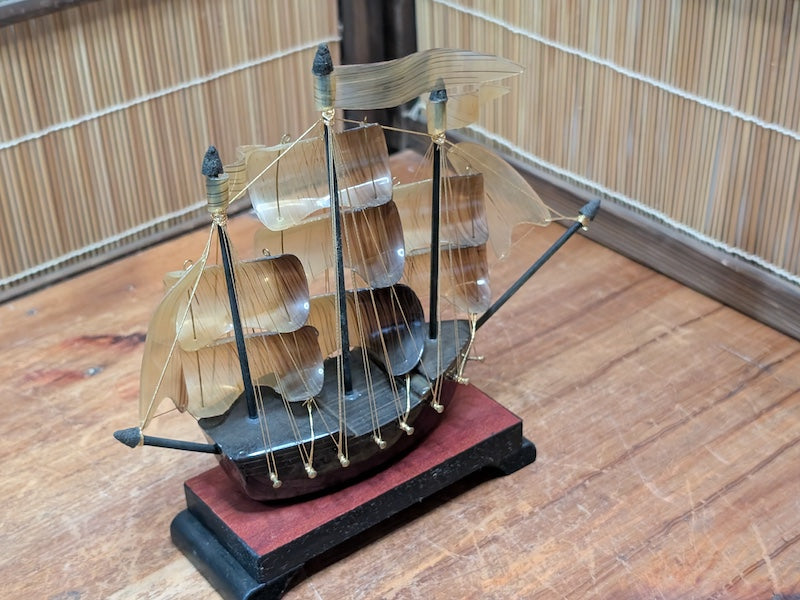 Rare 1970s Japanese Tortoiseshell Ship Model Small Handmade Maritime Art