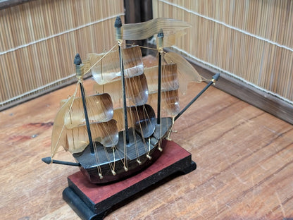 Rare 1970s Japanese Tortoiseshell Ship Model Small Handmade Maritime Art