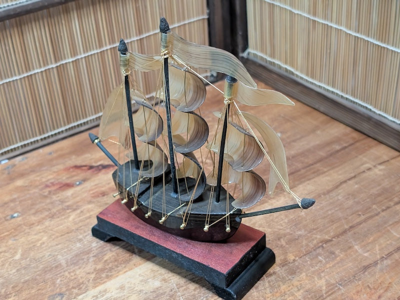 Rare 1970s Japanese Tortoiseshell Ship Model Small Handmade Maritime Art