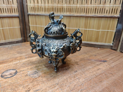 Rare Japanese Bronze Brass Koro Incense Burner Shishi Lid Japan