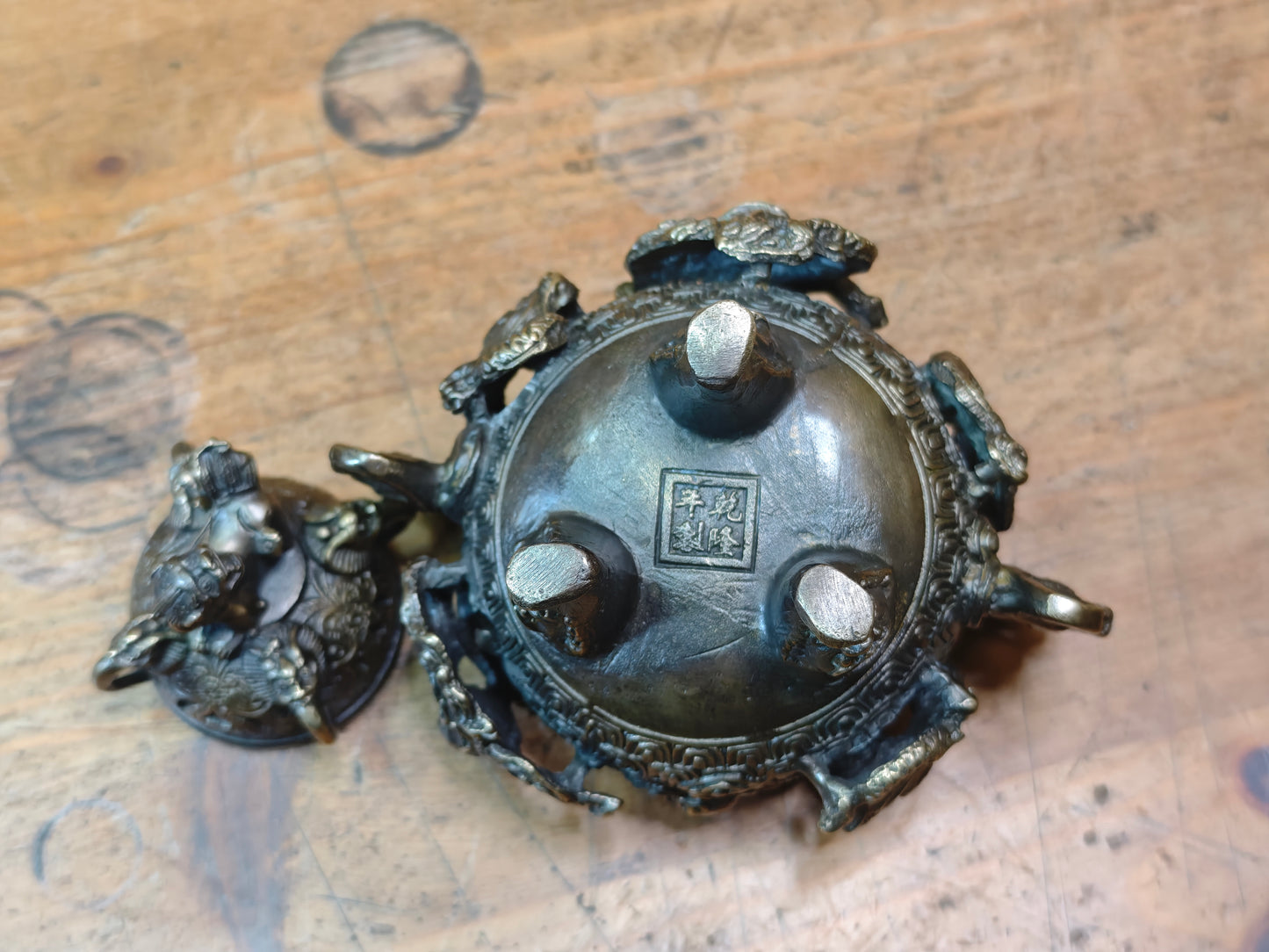 Rare Japanese Bronze Brass Koro Incense Burner Shishi Lid Japan