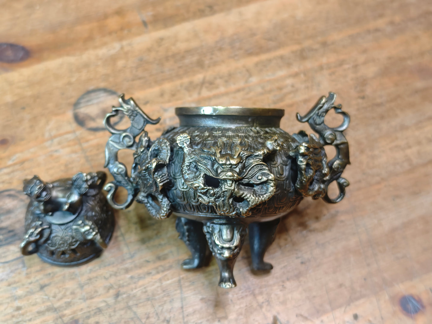 Rare Japanese Bronze Brass Koro Incense Burner Shishi Lid Japan