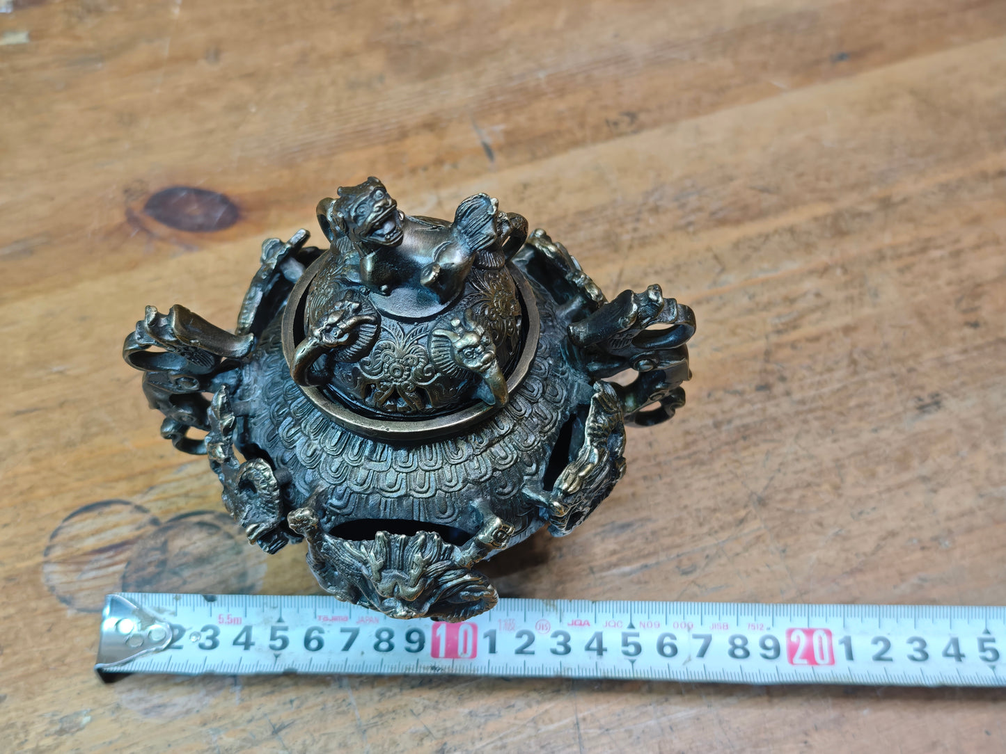 Rare Japanese Bronze Brass Koro Incense Burner Shishi Lid Japan