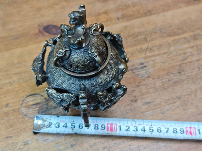 Rare Japanese Bronze Brass Koro Incense Burner Shishi Lid Japan