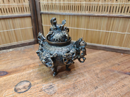 Rare Japanese Bronze Brass Koro Incense Burner Shishi Lid Japan