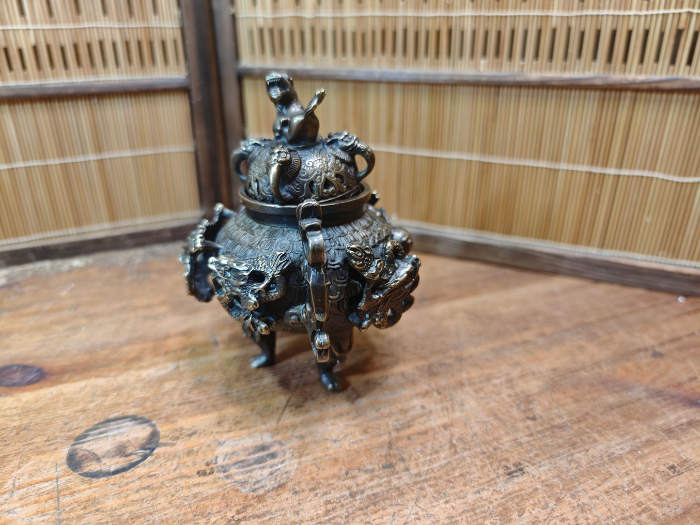 Rare Japanese Bronze Brass Koro Incense Burner Shishi Lid Japan