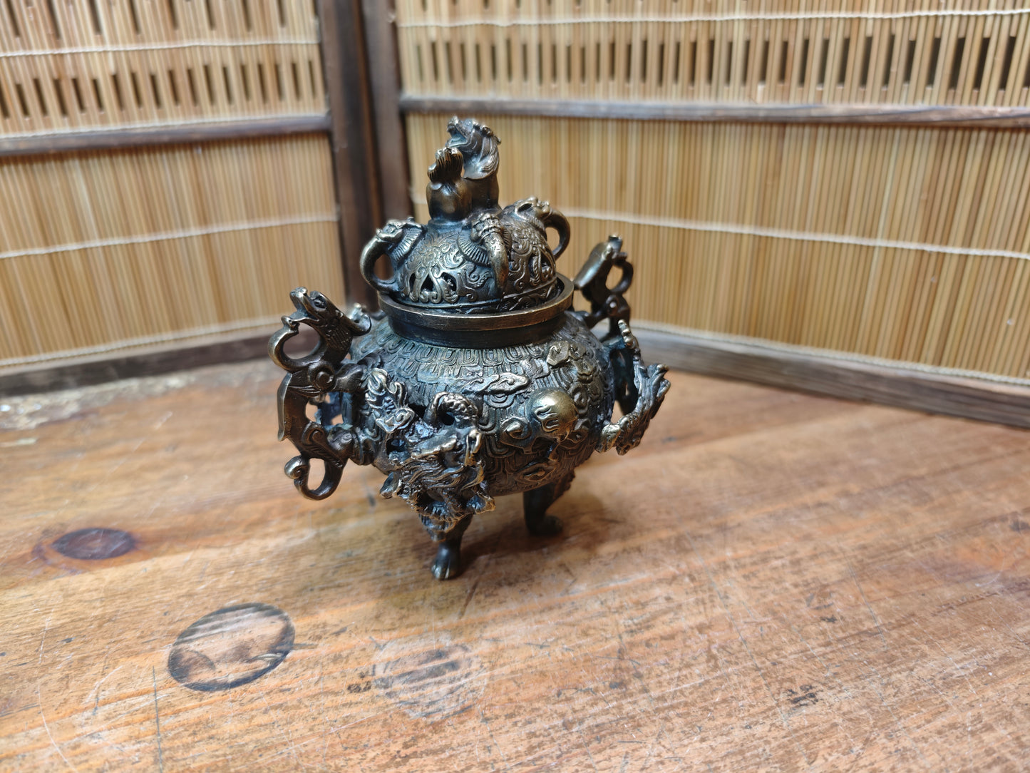 Rare Japanese Bronze Brass Koro Incense Burner Shishi Lid Japan