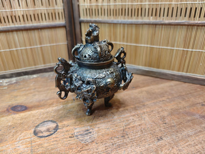 Rare Japanese Bronze Brass Koro Incense Burner Shishi Lid Japan