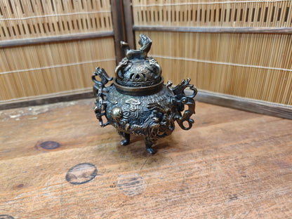 Rare Japanese Bronze Brass Koro Incense Burner Shishi Lid Japan