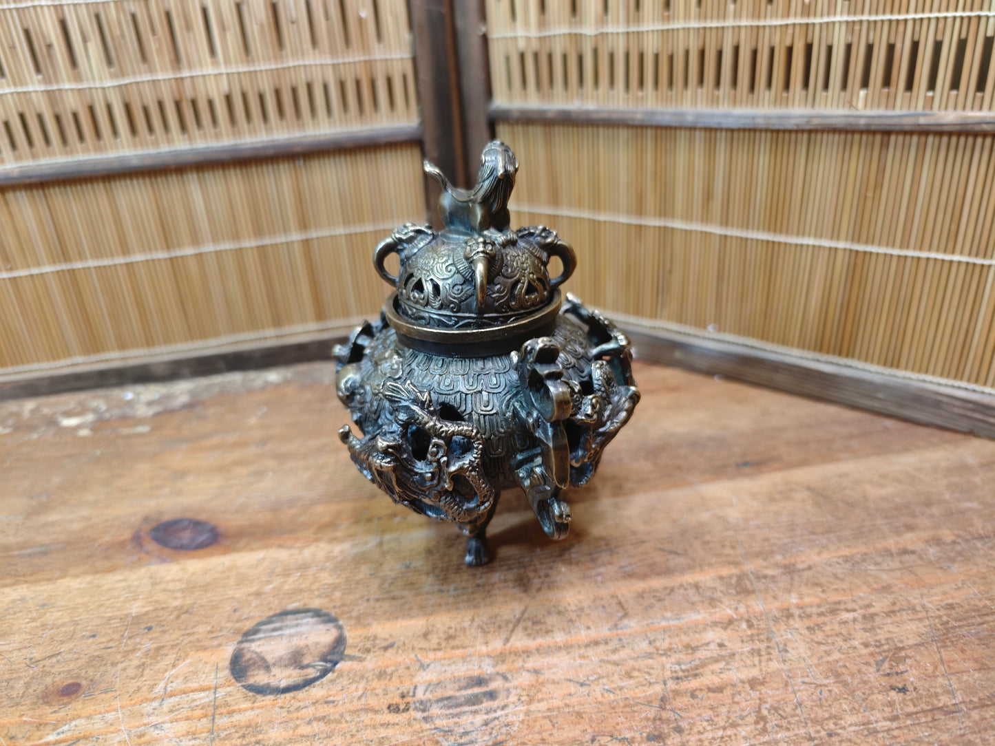 Rare Japanese Bronze Brass Koro Incense Burner Shishi Lid Japan
