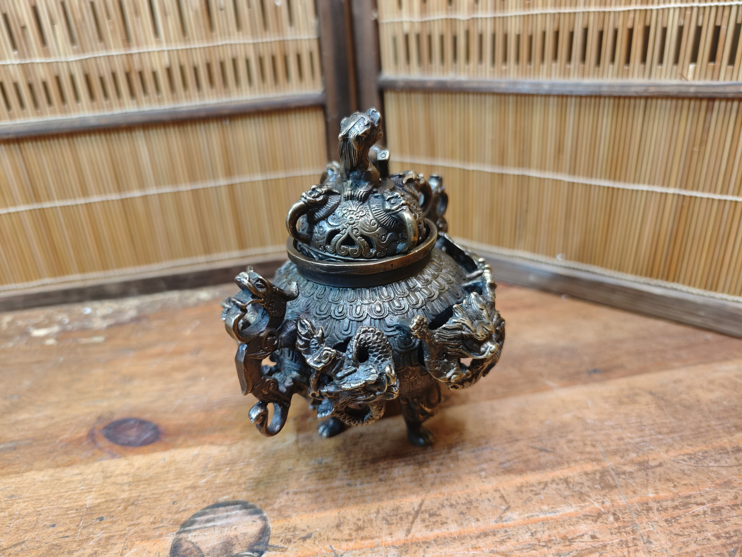 Rare Japanese Bronze Brass Koro Incense Burner Shishi Lid Japan