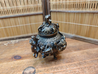 Rare Japanese Bronze Brass Koro Incense Burner Shishi Lid Japan