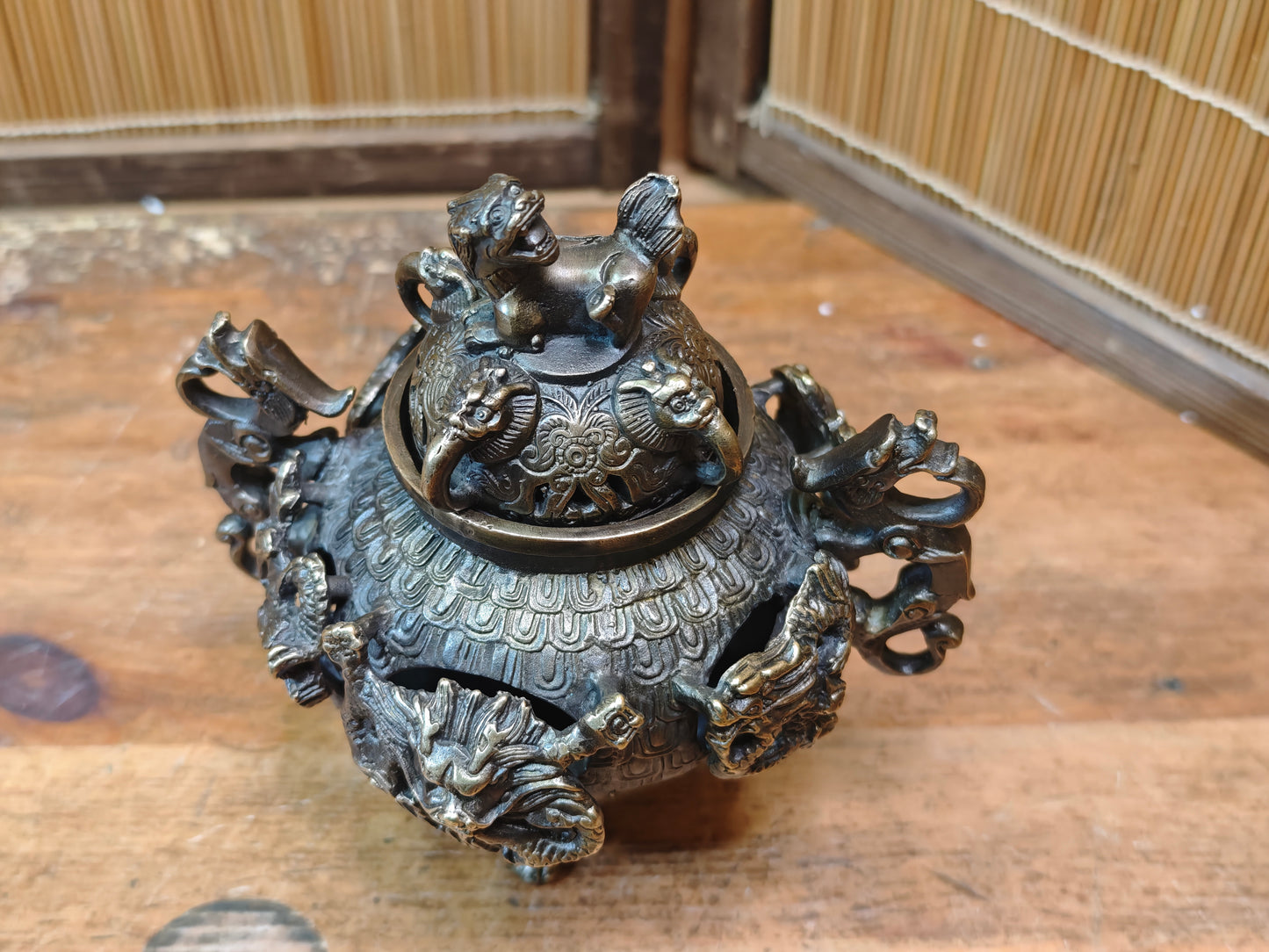 Rare Japanese Bronze Brass Koro Incense Burner Shishi Lid Japan