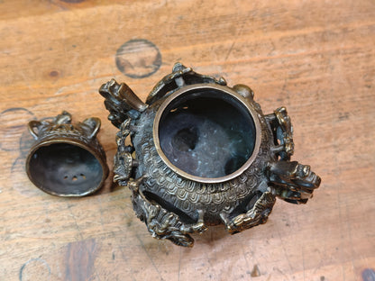 Rare Japanese Bronze Brass Koro Incense Burner Shishi Lid Japan
