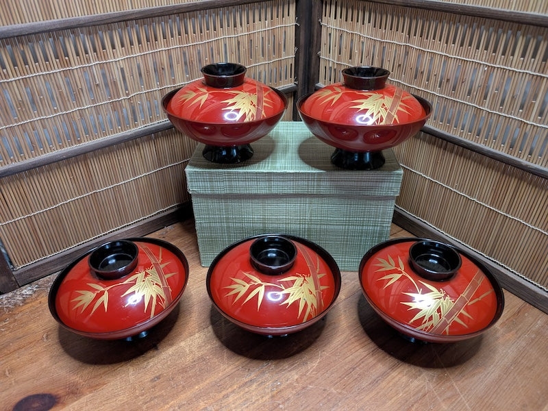 Rare 1950s Japanese Owan Rice Bowl Set No 42 24K Gold Signed Box
