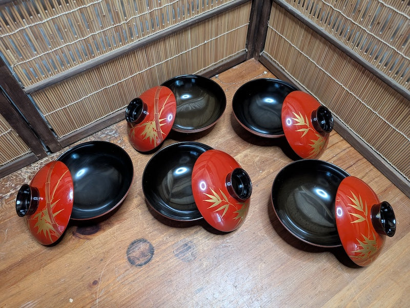 Rare 1950s Japanese Owan Rice Bowl Set No 42 24K Gold Signed Box