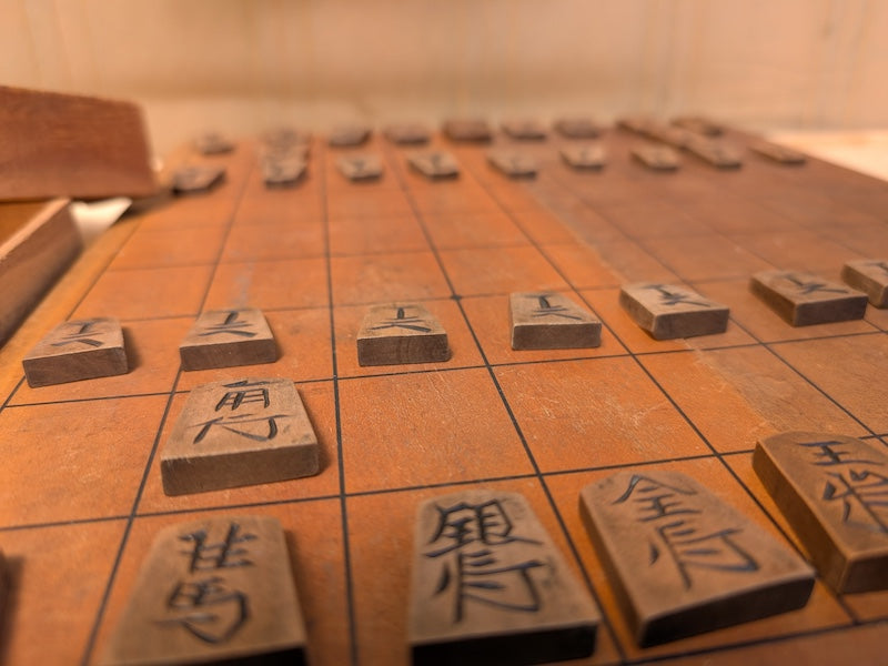 Japanese Antique Shogi Set (将棋) – Hand-Carved Koma (駒) – With Signed Wooden Box – Old Kanji Characters