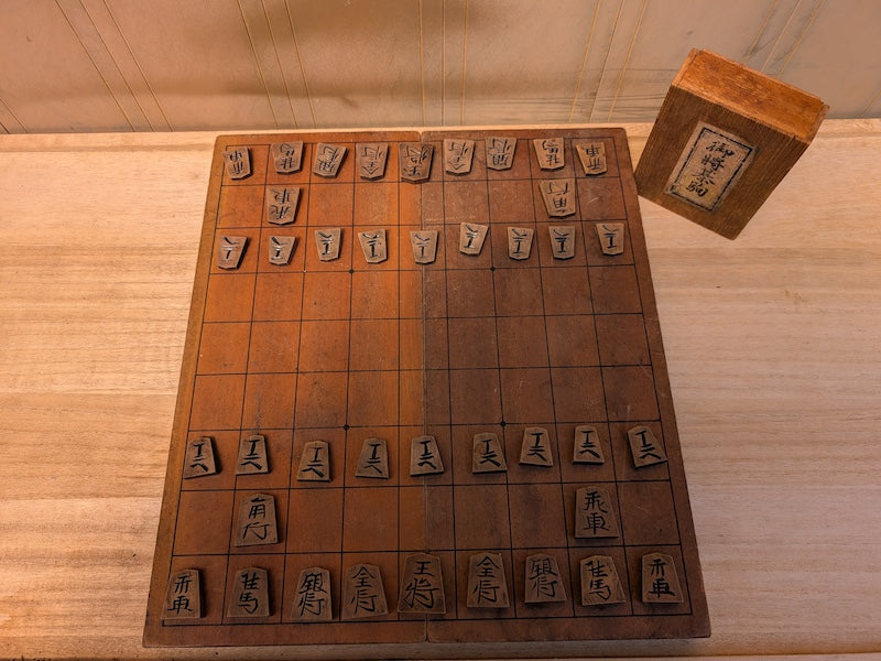 Japanese Antique Shogi Set (将棋) – Hand-Carved Koma (駒) – With Signed Wooden Box – Old Kanji Characters