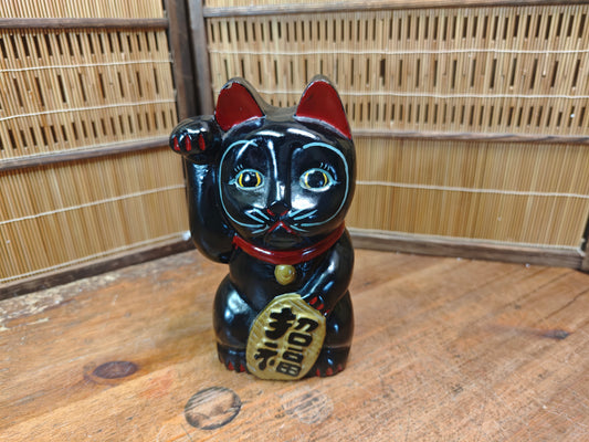 Rare Japanese Early Showa Wooden Maneki Neko Lucky Cat Folk Art Statue