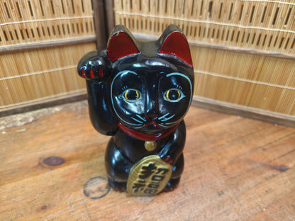 Rare Japanese Early Showa Wooden Maneki Neko Lucky Cat Folk Art Statue