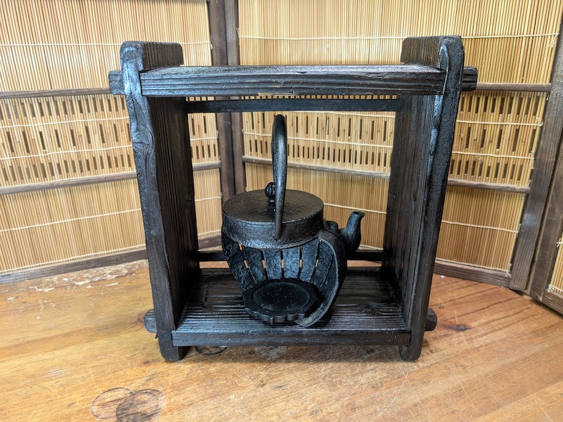 Antique Meiji Tetsubin Cast Iron Candle Lamp on Yakisugi Stand Japan